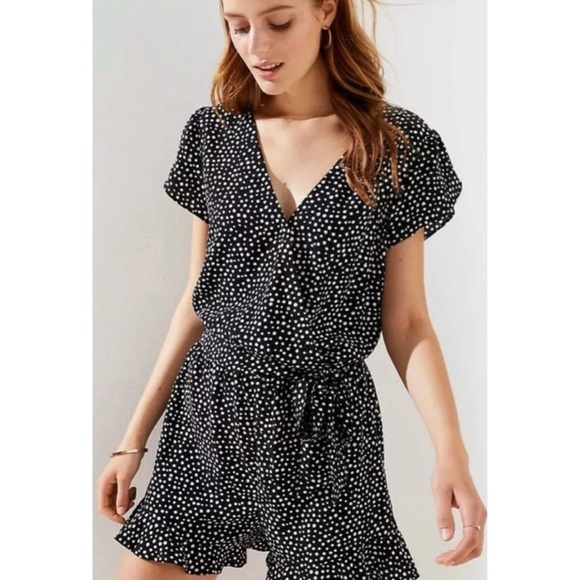 LOFT Pants - Loft Polka Dot Mock Wrap Tie Front Romper